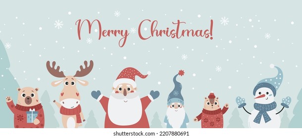 Christmas poster with cute cartoon characters Santa Claus, snowman, fairy gnome, funny animals bear with gift, deer and chipmunk on snowy background. Vector horizontal illustration Merry Christmas