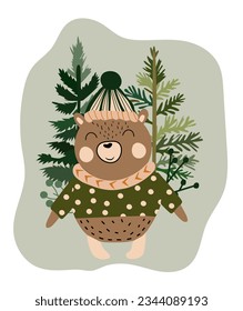 Christmas poster with Cute forest bear, winter trees, berries. Woodland animals. Perfect for web, banner, card, poster. Vector illustration