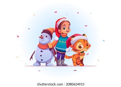 Christmas poster with cute girl, snowman and tiger in red Santa Claus hat. Vector cartoon illustration of child with snow man and funny kitten celebrate New Year and winter holidays