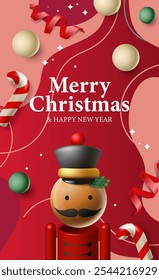 Christmas poster with cute Nutcracker. Xmas lettering. Holiday greeting card, New year phone home screen, invitation, banner, vector illustration