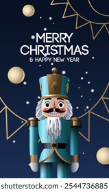 Christmas poster with cute Nutcracker. Xmas lettering. Holiday greeting card, New year phone home screen, invitation, banner, vector illustration