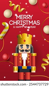 Christmas poster with cute Nutcracker, Xmas candy cane. Holiday greeting card, New year phone home screen, invitation, banner, vector illustration

