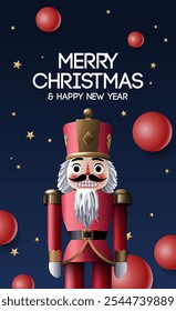 Christmas poster with cute Nutcracker and Xmas balls. Holiday greeting card, New year phone home screen, invitation, banner, vector illustration