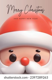 Christmas poster with cute toy Santa Claus face. Cute New Year greeting card.