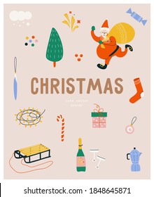 Christmas poster with cute vector christmas symbol set. Santa Claus, Christmas tree, toys, sleigh, garland, fireworks, champagne, gifts. Flat new year poster on a pink background. Merry Christmas.