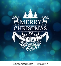 Christmas poster with dark blue abstract vector background. Xmas greeting card with ornament decoration, winter holiday design elements and celebration text