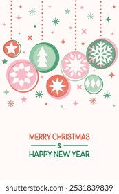 Christmas poster. Decorated ball and snowflakes. Vector illustration