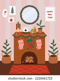 Christmas poster with decorated home interior with fireplace. Cozy winter holiday room in flat cartoon style. Vector New Year card.