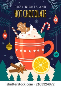 Christmas poster. Decorative xmas placard with winter drink in cup coffee or tea with marshmallows recent vector ads template with place for text