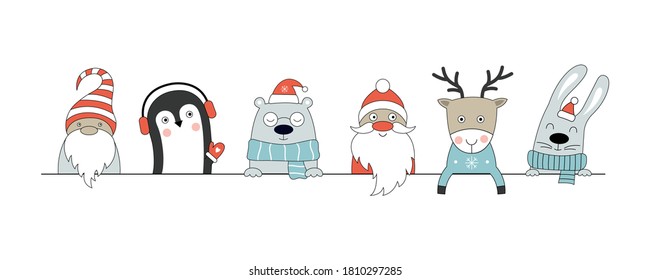 Christmas poster with deer, hare, penguin, polar bear, gnome, Santa Claus. Can be used for web design, poster, greeting cards, children's room.