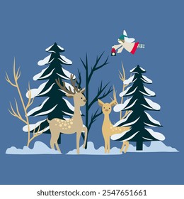 Christmas Poster, Deers in the forest, pine trees and an angel hand drawn vector illustration, Postcard on blue background