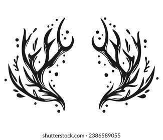 Christmas poster with deer's horns, antlers. Plant elements, twigs, leaves, dots. Vector illustration for typography. Print to sticker, banner, tattoo art,  design, flyer, web, advertising