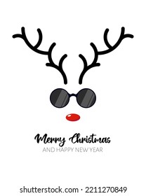 A Christmas poster depicting deer antlers with glasses and a red nose. Vector illustration.New Year's card with deer antlers.Cool minimalistic poster with deer antlers and glasses