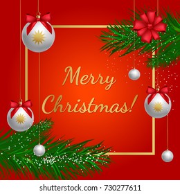 Christmas poster design. 3d realistic vector design. Red banner with 3D gold and silver balls and red bow, green christmas tree and gold frame. 2018 Merry christmas text card.