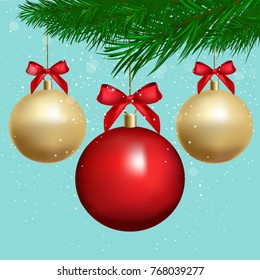 Christmas poster design. 3d realistic vector design. Blue banner with 3D gold and red balls and red bow, green christmas tree.
