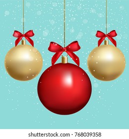 Christmas poster design. 3d realistic vector design. Blue banner with 3D gold and red balls and red bow, white snow on background.