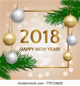 Christmas poster design. 3d realistic vector design. Gold background with 3D gold and silver balls and fir branch with gold frame 2018 text.