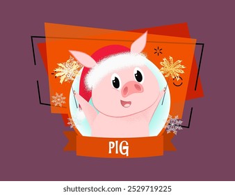 Christmas poster design with cartoon funny piglet. Drawing of pig holding bengal lights in red round frame. Can be used for postcards, greeting cards, leaflets