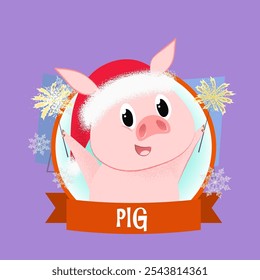 Christmas poster design with cartoon funny piglet. Drawing of pig holding bengal lights in red round frame on abstract background. Can be used for postcards, greeting cards, leaflets