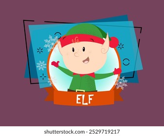 Christmas poster design with cartoon smiling elf. Drawing of elf in green costume in red round frame on abstract background. Can be used for postcards, greeting cards, leaflets