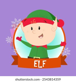 Diseño de póster de Navidades con elfo sonriente de dibujos animados. Dibujo de elfo en traje verde en marco redondo rojo sobre fondo abstracto. Se puede utilizar para postales, tarjetas de felicitación, folletos