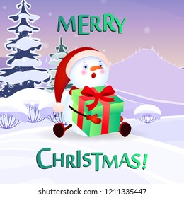 Christmas poster design with cartoon snowman. Creative lettering with cartoon character of funny snowman holding gift box. Snowy trees on background. Can be used for greetings, banners, posters
