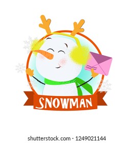 Christmas poster design with cartoon snowman holding envelope. Drawing of snowman in fluffy ears holding pink envelope in red round frame. Can be used for postcards, greeting cards, leaflets