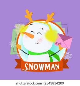 Christmas poster design with cartoon snowman holding envelope. Drawing of snowman in fluffy ears holding pink envelope in red round frame. Can be used for postcards, greeting cards, leaflets
