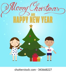 Christmas poster design with Children and Christmas Tree. Christmas greeting card. Vector illustration.