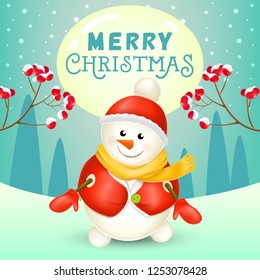 Christmas poster design. Cute snowman in red hat and mittens, spurs with berries, text on full moon and winter landscape in background. Illustration can be used for banners, flyer, greeting cards