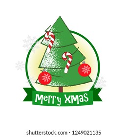 Christmas poster design with fir tree. Drawing of fir tree with tree decorations in round green frame on white background. Can be used for postcards, greeting cards, leaflets