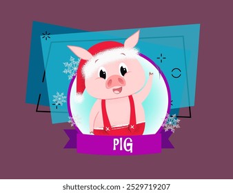 Christmas poster design with funny piglet. Drawing of pig in red jumpsuit in purple round frame on abstract background. Can be used for postcards, greeting cards, leaflets