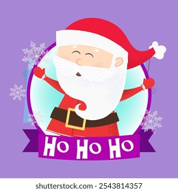 Christmas poster design with funny Santa Claus. Drawing of Santa Claus in round purple frame on abstract background. Can be used for postcards, greeting cards, leaflets