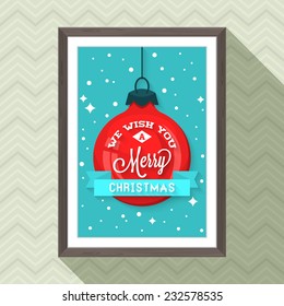 Christmas poster design with hanging ball in wooden picture frame