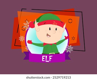 Weihnachtsposter Design mit fröhlichen Elf. Zeichnung von Weihnachtsmann Helfer in grünem Kostüm in violettem rundem Rahmen auf abstraktem Hintergrund. Kann für Postkarten, Grußkarten, Broschüren verwendet werden