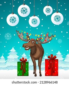 Christmas poster design with moose on snowy background illustration