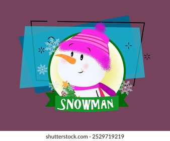 Christmas poster design with red frame. Drawing of snowman in purple hat in round green frame on abstract background. Can be used for postcards, greeting cards, leaflets