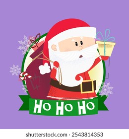 Christmas poster design with Santa Claus. Drawing of Santa Claus holding gift sack and gift box in round green frame on abstract background. Can be used for postcards, greeting cards, leaflets