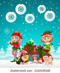 Christmas poster design with two elves and dogs on snowy background illustration