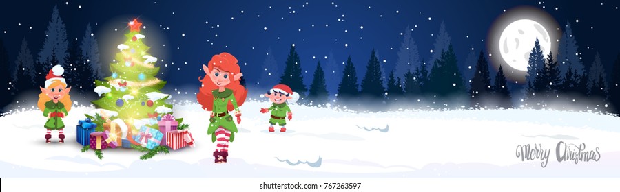 Christmas Poster Design Winter Forest Landscape With Pine Tree And Green Elfs On Foreground Flat Vector Illustration