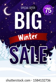 Christmas poster with discounts to advertise the store. Banner Big winter sale up to 75 percent. Vector vertical illustration