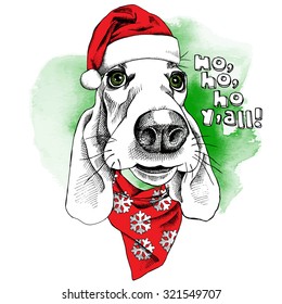 Christmas poster with a dog Basset Hound portrait in red Santa's hat and glasses. Vector illustration.