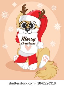 Christmas poster of a dog. Cute winter background with text merry christmas.