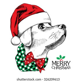 Christmas poster with dog portrait in red Santa's hat and green checkered neckerchief with bow. Vector illustration.