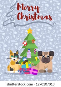 Christmas poster with dog, tree and cat. stock image vector