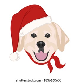 Christmas poster featuring a portrait of a dog wearing a Santa hat. Labrador. Isolated vector illustration.