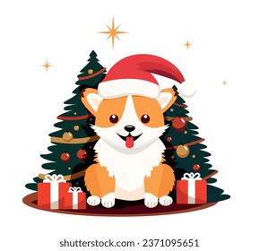 Christmas poster featuring a portrait of a dog wearing a Santa hat. Corgi. Isolated vector illustration.