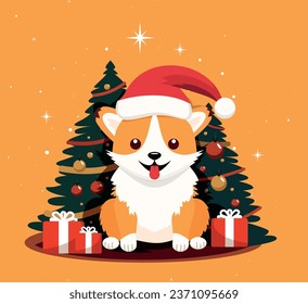 Christmas poster featuring a portrait of a dog wearing a Santa hat. Corgi. Isolated vector illustration.