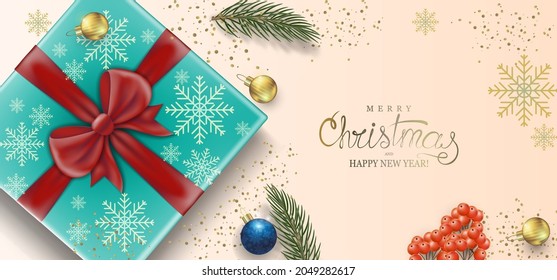 Christmas poster, festive banner. Text Merry Christmas and Happy New Year, gift box, Christmas tree decoration.