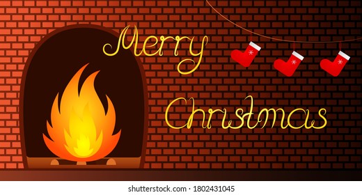 Weihnachtsposter. Kamin und Socken. Vektorgrafik.